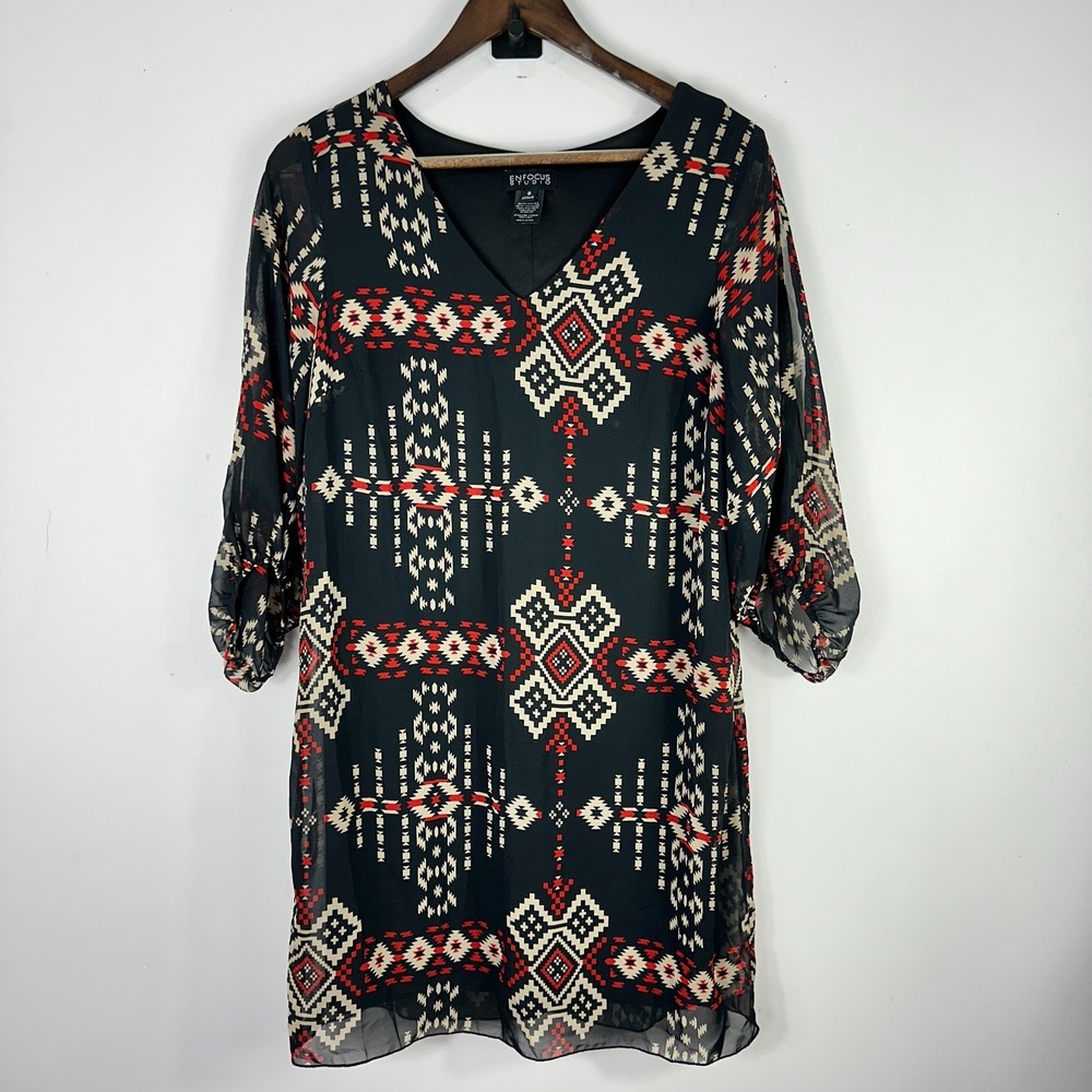 Enfocus Studio Southwestern Shift Dress 8 Blue Tribal Indie Festival Western